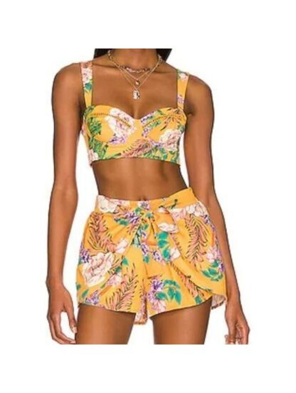 Agua Bendita Revolve Floral Vacation Top & Shorts Set Yellow Hawaii Size S